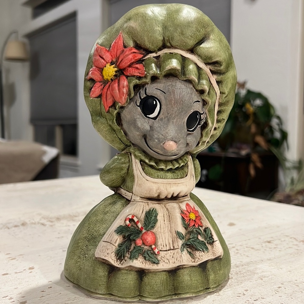 Vintage 1980 Christmas Mouse With Green Dress and Bonnet Hand Painted Ceramic